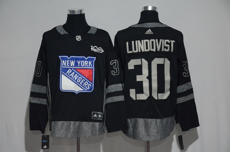 NHL New York Rangers #30 Lundqvist Black 1917-2017 100th Anniversary Stitched Jersey->new york rangers->NHL Jersey